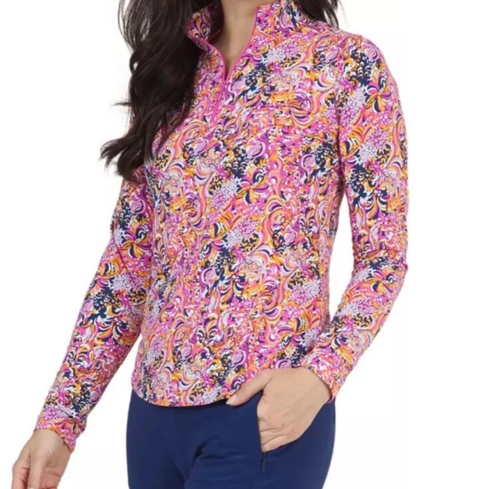IBKUL UPF 50+ Cooling Quarter Zip Golf Tennis Sun Shirt Pink Floral Print Small